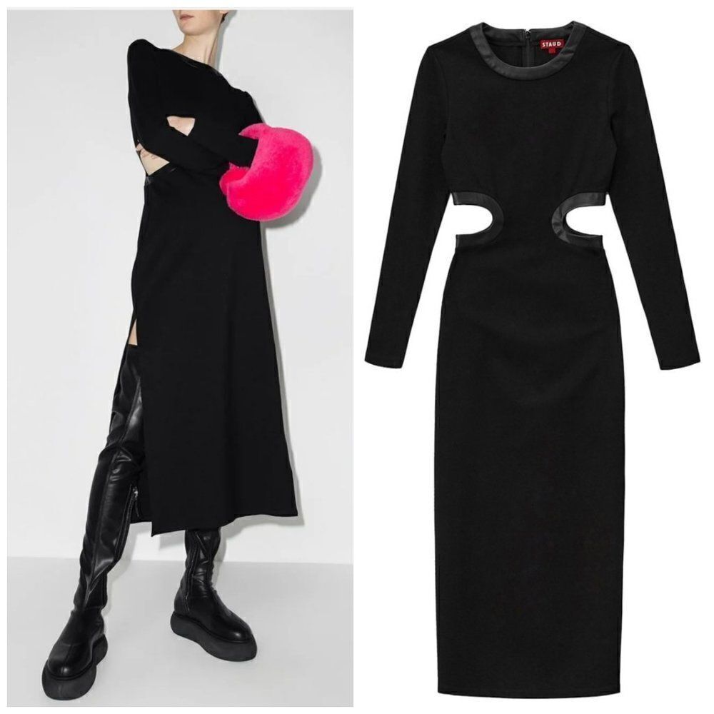 STAUD Dolce Long Sleeve Cut Out Midi Dress Black Size S